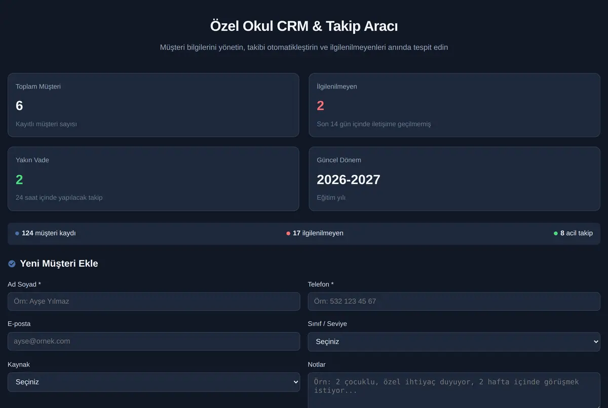 Özel Okul CRM & Takip Aracı ekran görüntüsü 2