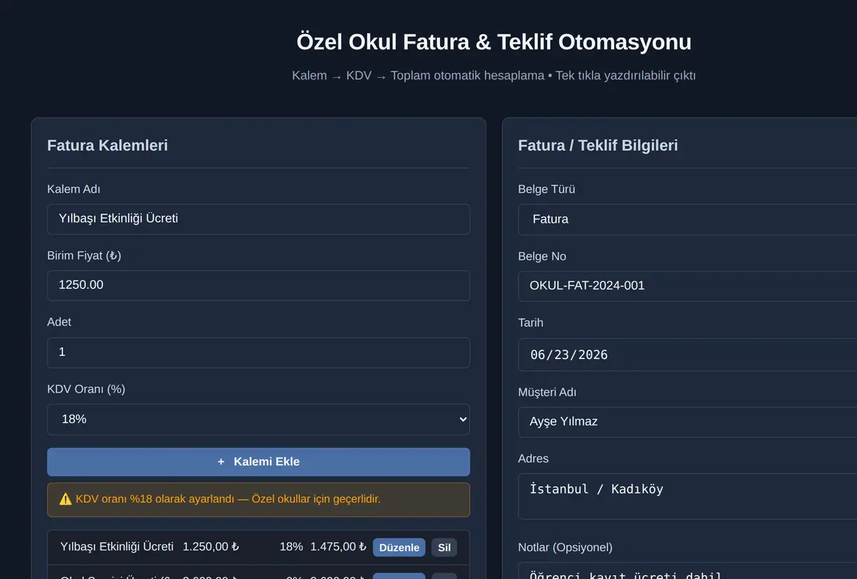 Özel Okul Fatura & Teklif Otomasyonu ekran görüntüsü