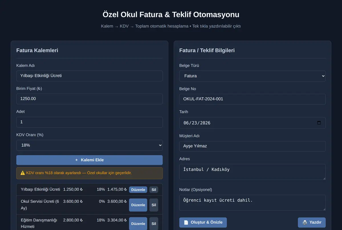 Özel Okul Fatura & Teklif Otomasyonu ekran görüntüsü 2