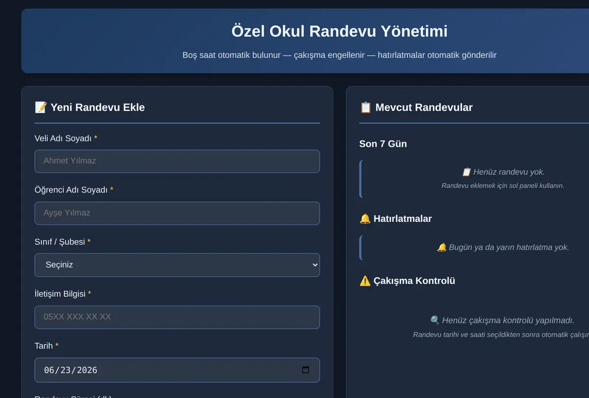Özel Okul Randevu Yönetimi ekran görüntüsü