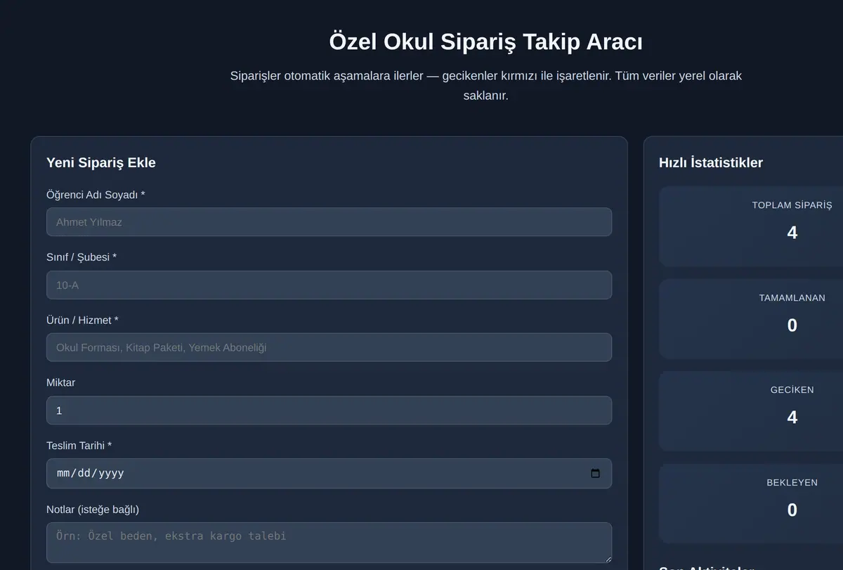 Özel Okul Sipariş Takip Aracı ekran görüntüsü