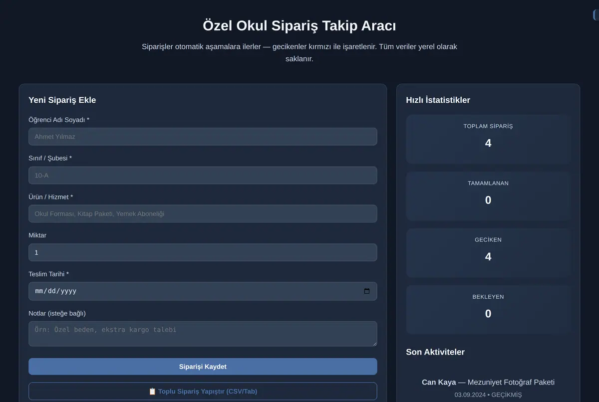 Özel Okul Sipariş Takip Aracı ekran görüntüsü 2