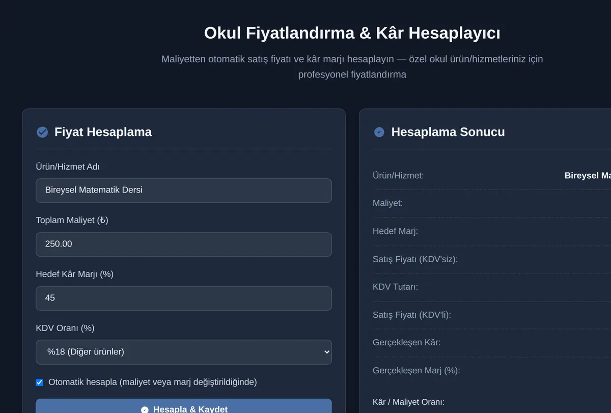 Okul Fiyatlandırma & Kâr Hesaplayıcı ekran görüntüsü