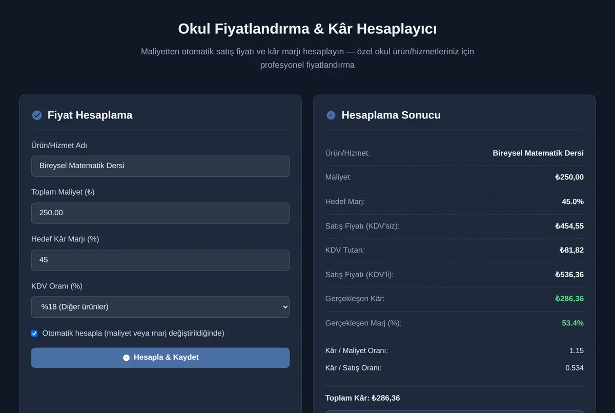 Okul Fiyatlandırma & Kâr Hesaplayıcı ekran görüntüsü 2