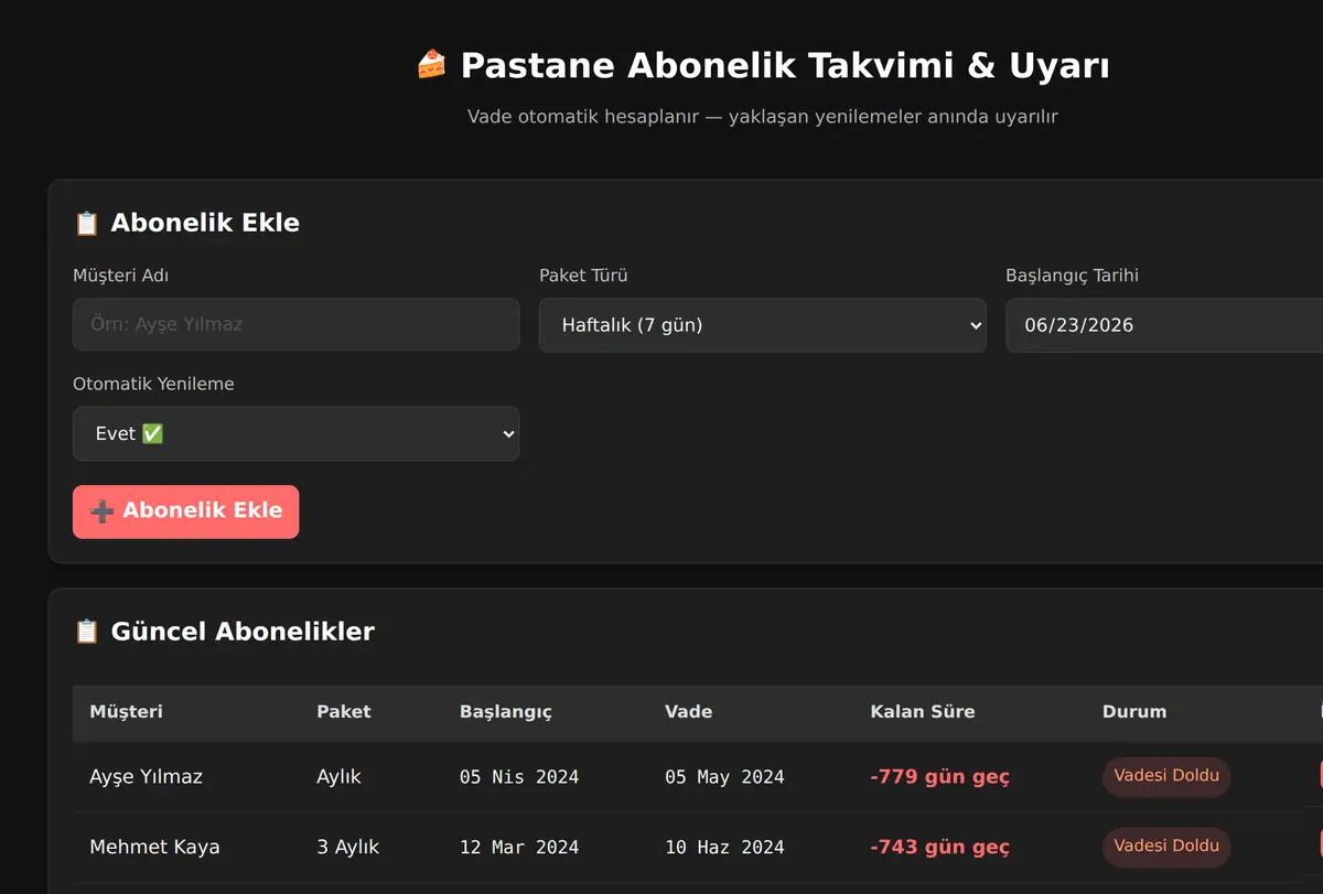 Pastane Abonelik Takvimi & Uyarı ekran görüntüsü