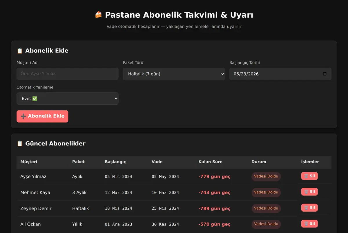 Pastane Abonelik Takvimi & Uyarı ekran görüntüsü 2