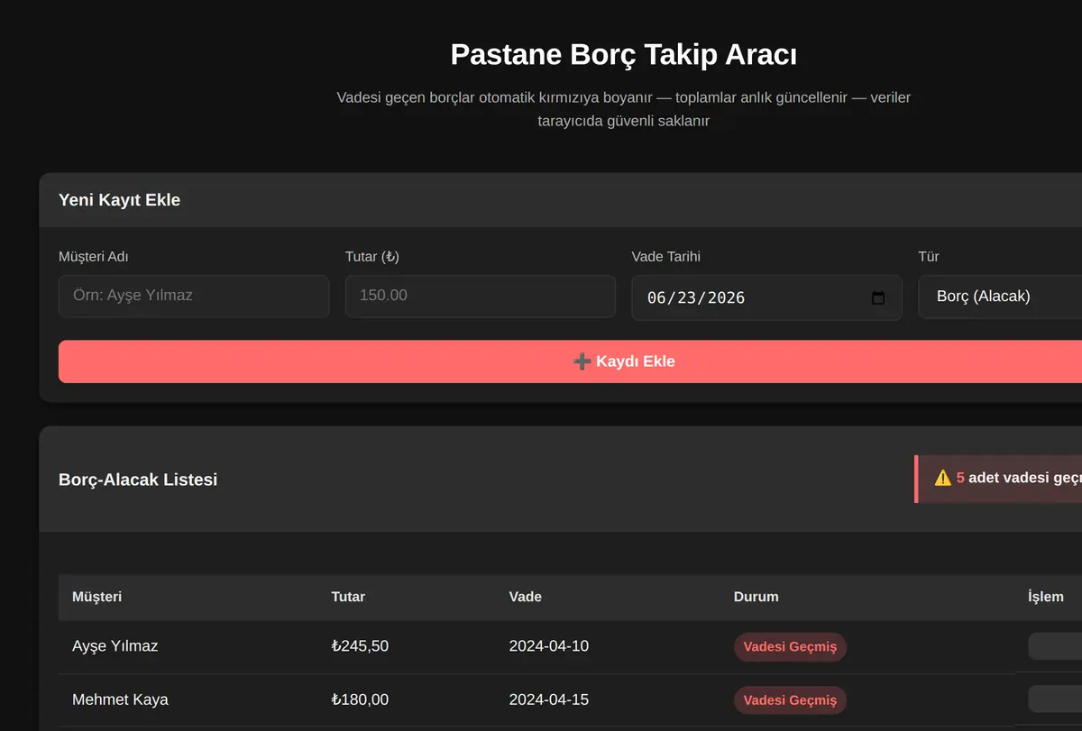 Pastane Borç Takip Aracı ekran görüntüsü