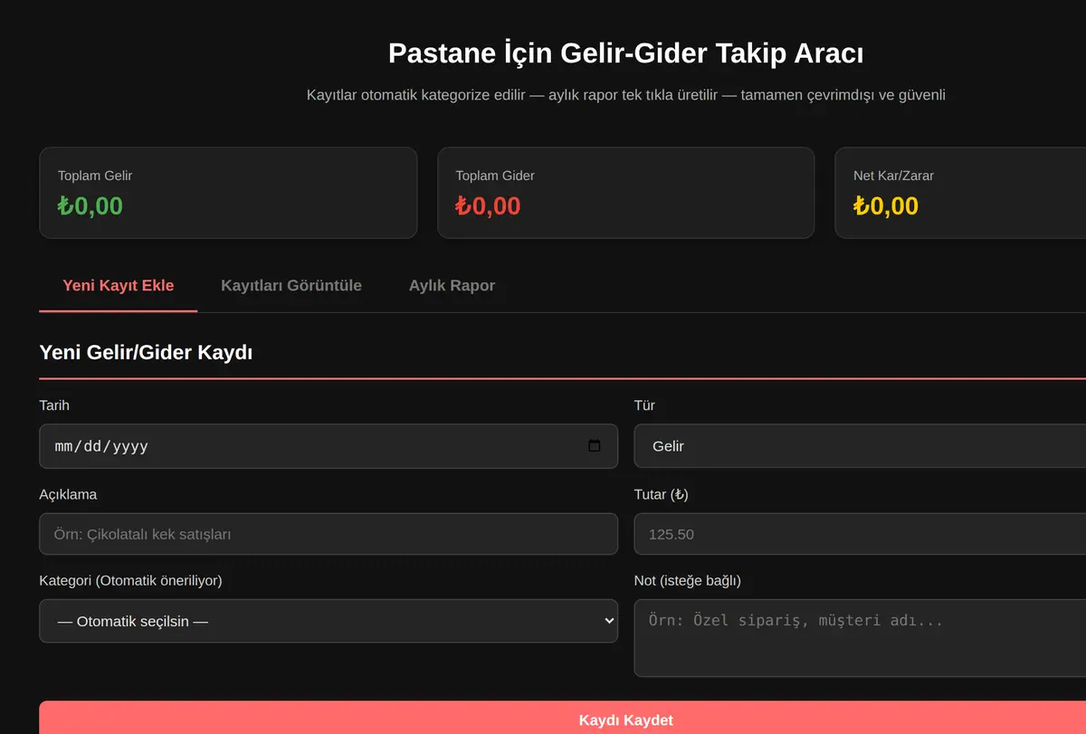 Pastane İçin Gelir-Gider Takip Aracı ekran görüntüsü