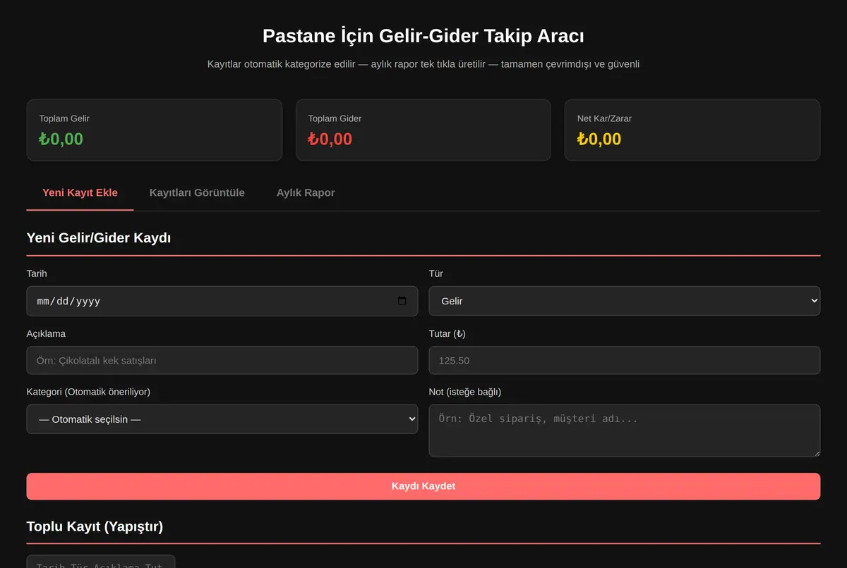 Pastane İçin Gelir-Gider Takip Aracı ekran görüntüsü 2