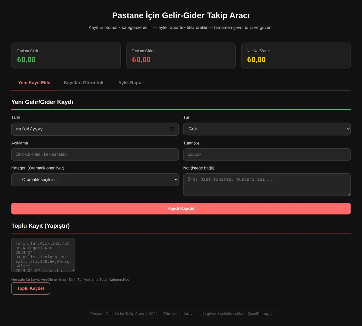 Pastane İçin Gelir-Gider Takip Aracı ekran görüntüsü 3