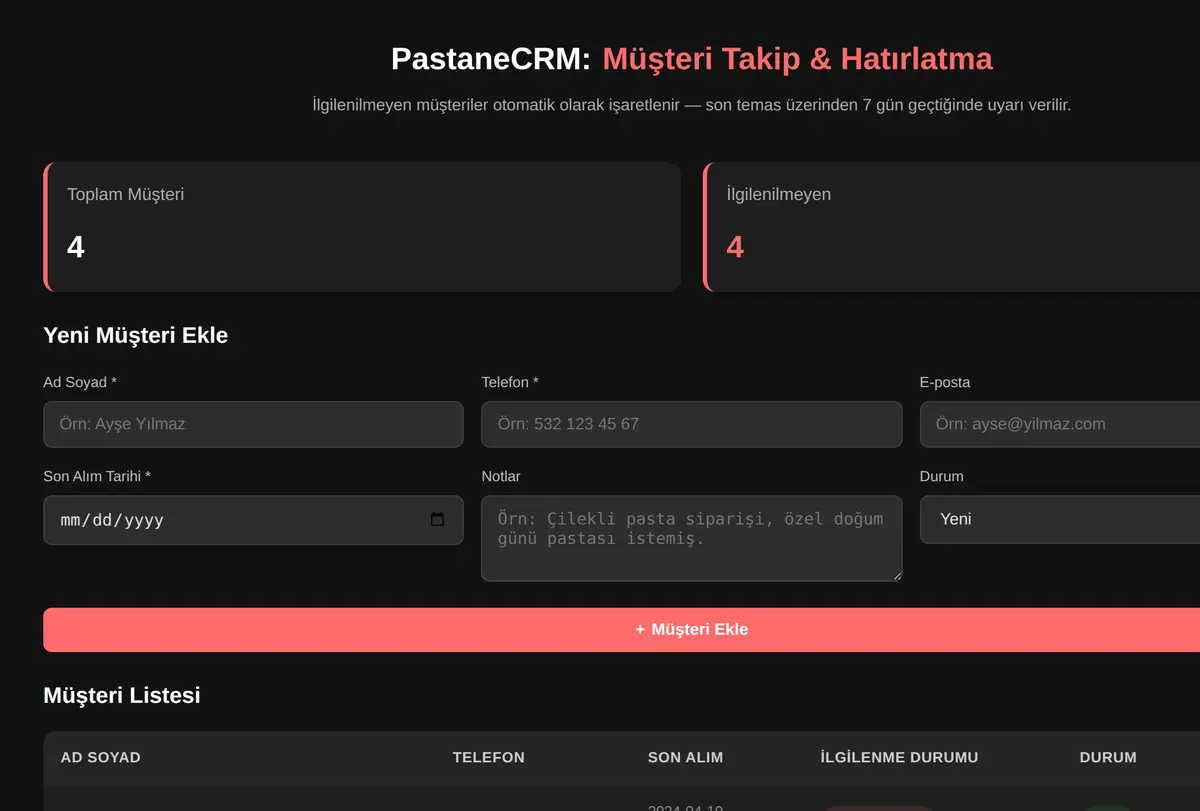 PastaneCRM: Müşteri Takip & Hatırlatma ekran görüntüsü