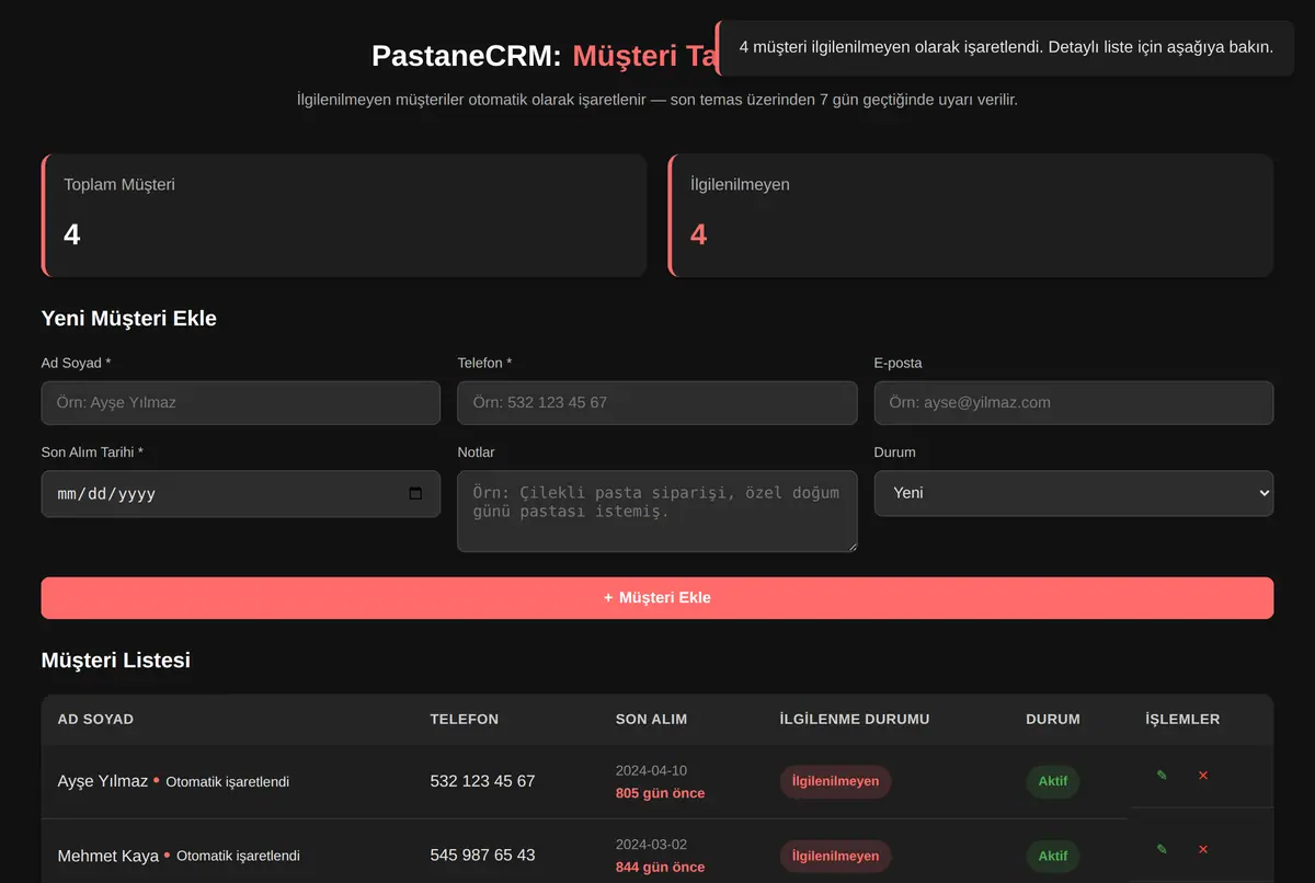 PastaneCRM: Müşteri Takip & Hatırlatma ekran görüntüsü 2