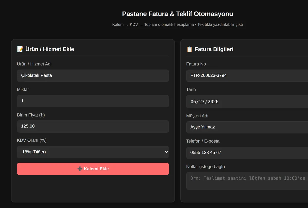 Pastane Fatura & Teklif Otomasyonu ekran görüntüsü
