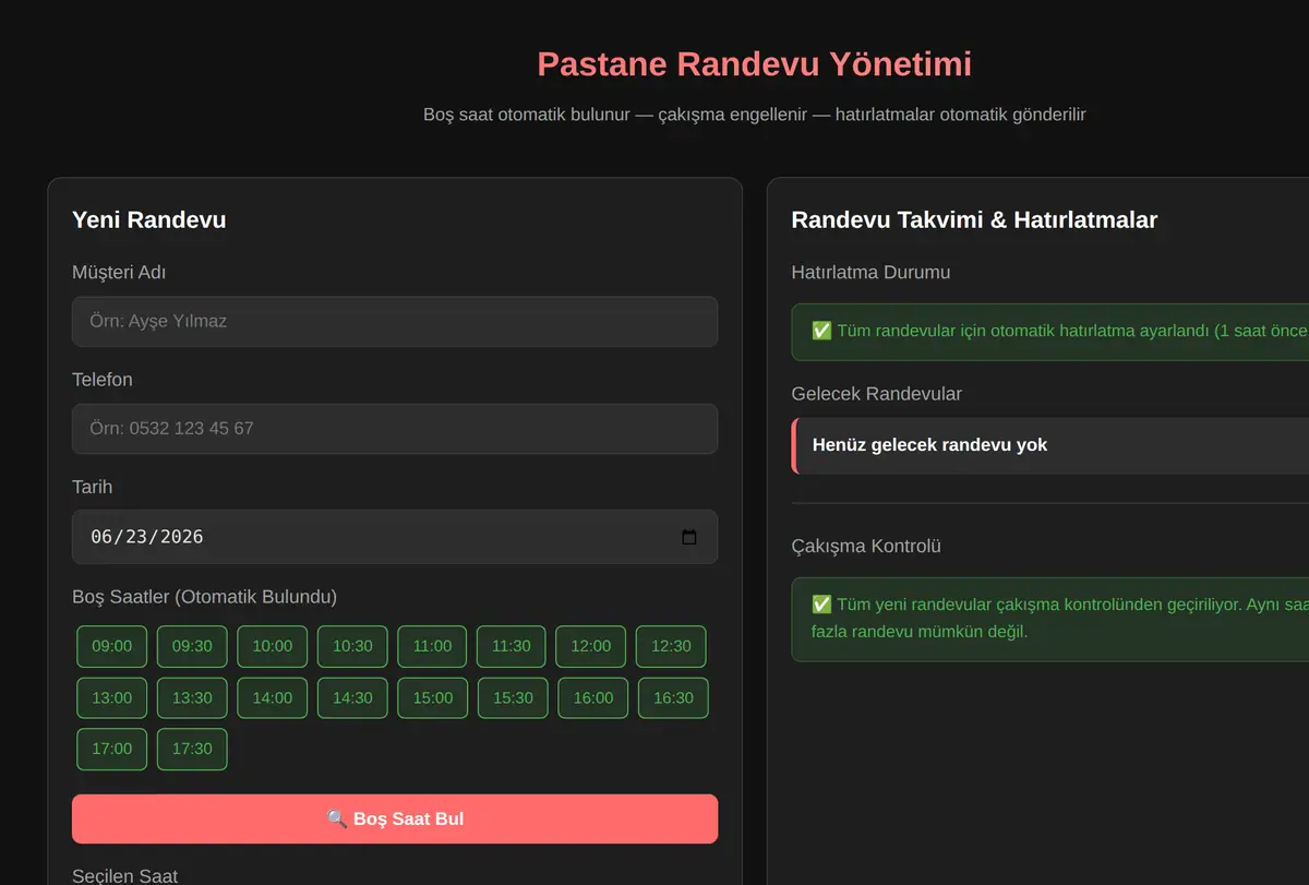 Pastane Randevu Yönetimi ekran görüntüsü