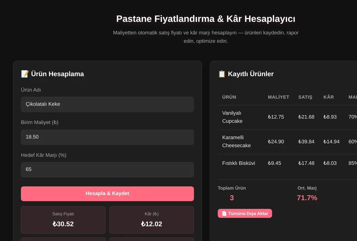 Pastane Fiyatlandırma & Kâr Hesaplayıcı ekran görüntüsü