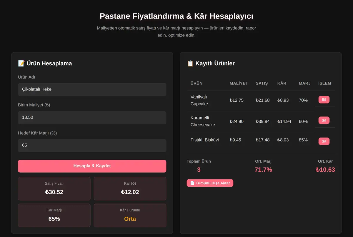 Pastane Fiyatlandırma & Kâr Hesaplayıcı ekran görüntüsü 2