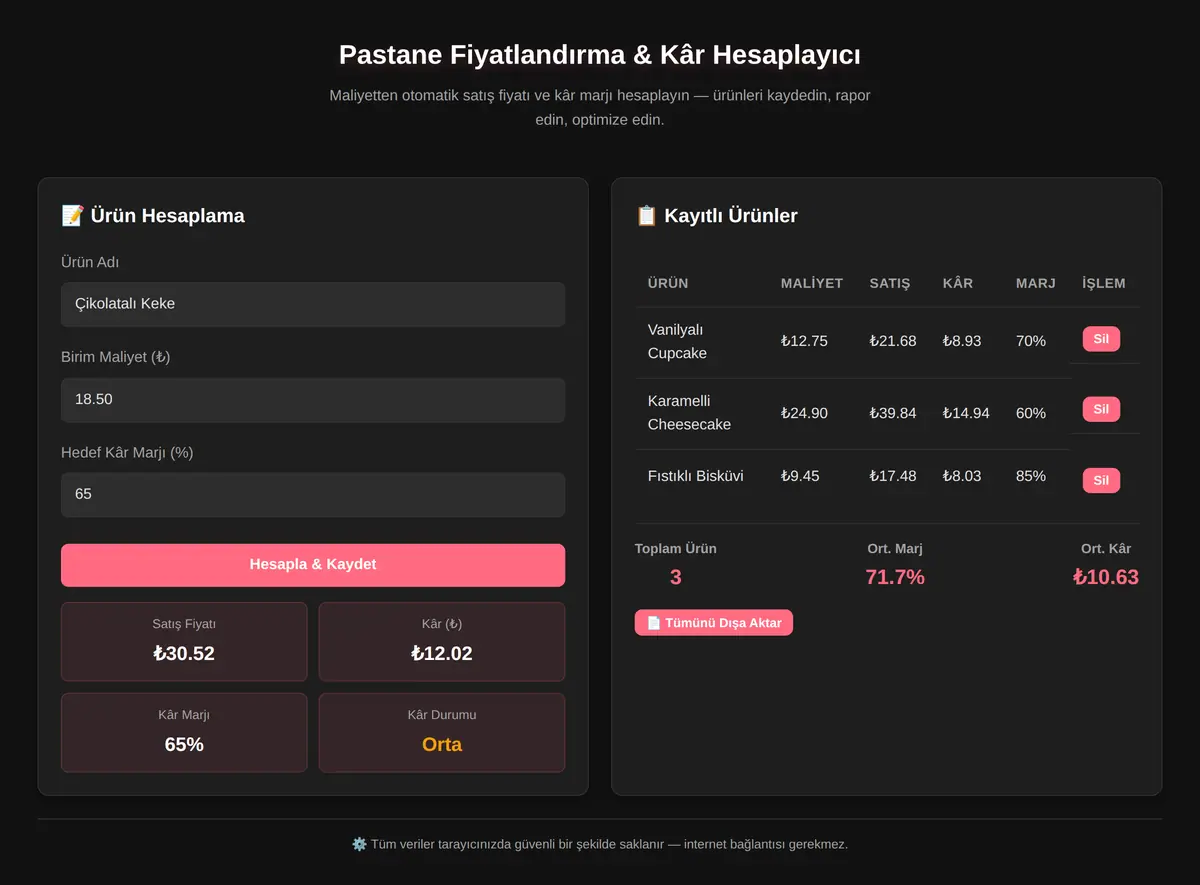 Pastane Fiyatlandırma & Kâr Hesaplayıcı ekran görüntüsü 3