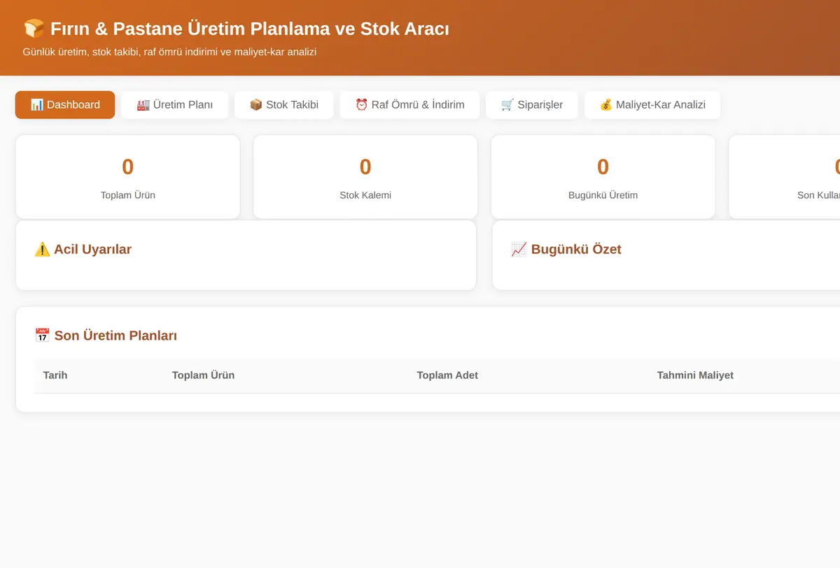 Fırın & Pastane Üretim Planlama ve Stok Aracı ekran görüntüsü
