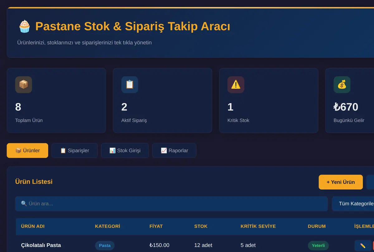 Pastane Stok & Sipariş Takip Aracı ekran görüntüsü