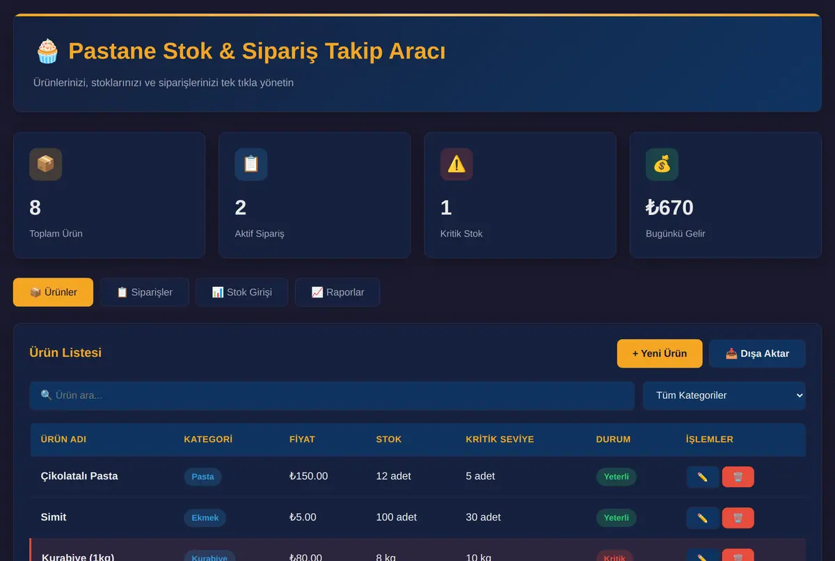 Pastane Stok & Sipariş Takip Aracı ekran görüntüsü 2