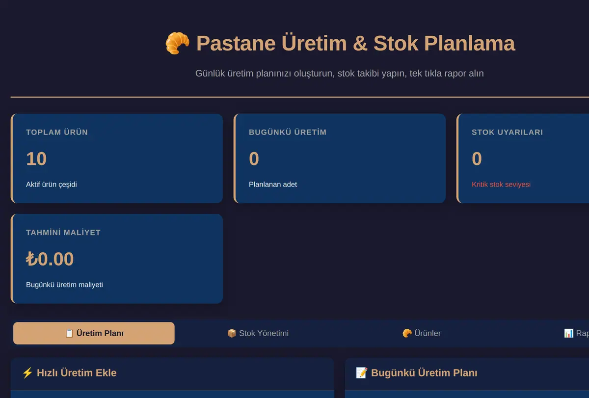 Pastane Üretim & Stok Planlama Aracı ekran görüntüsü