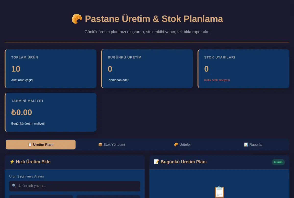 Pastane Üretim & Stok Planlama Aracı ekran görüntüsü 2