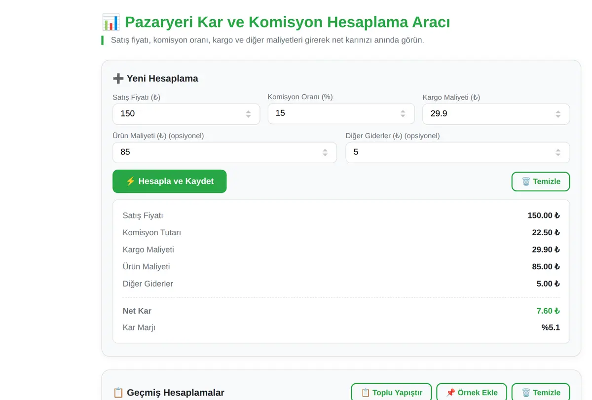 Pazaryeri Kar ve Komisyon Hesaplama Aracı ekran görüntüsü