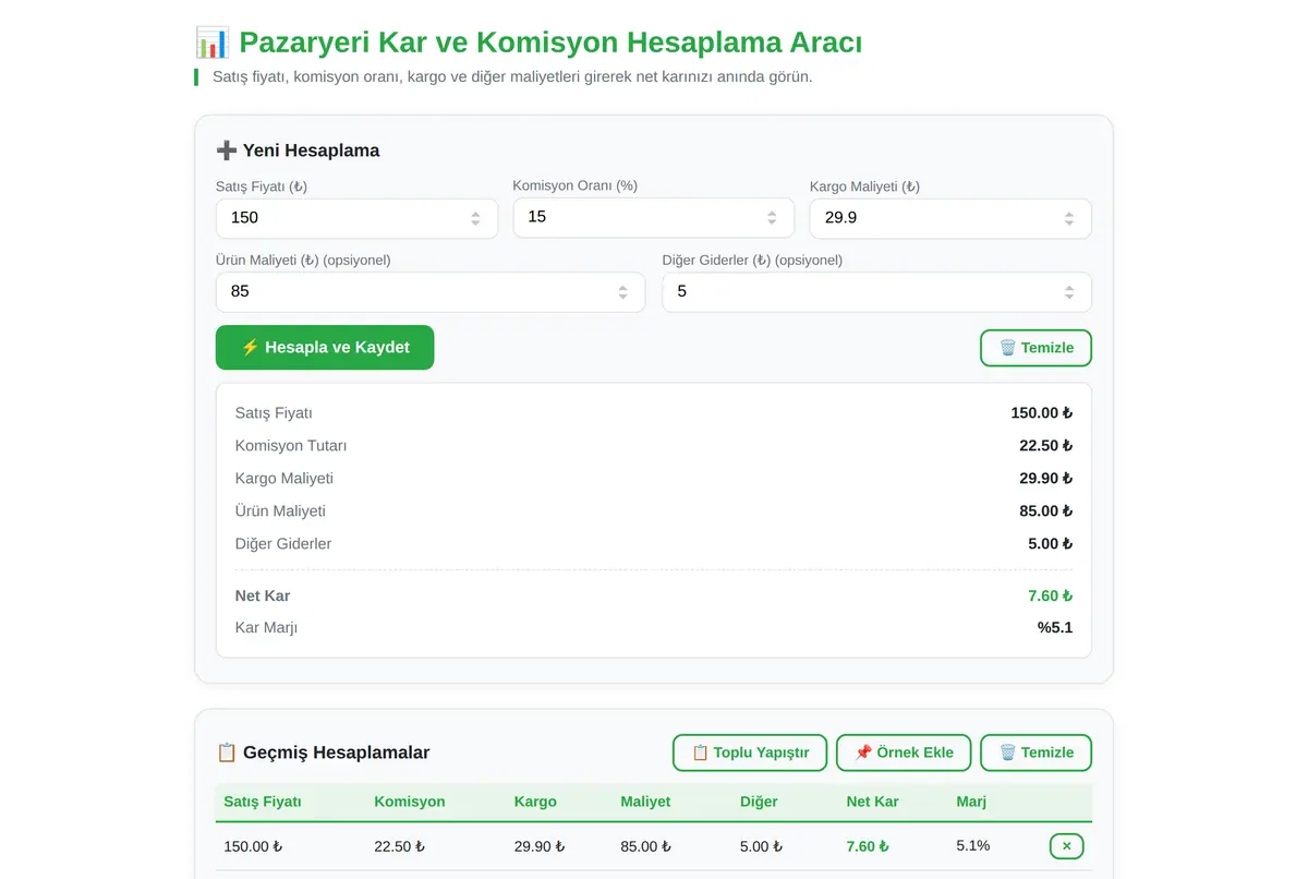Pazaryeri Kar ve Komisyon Hesaplama Aracı ekran görüntüsü 2