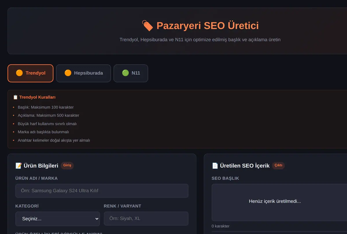 Pazaryeri SEO Başlık & Açıklama Üretici Aracı ekran görüntüsü