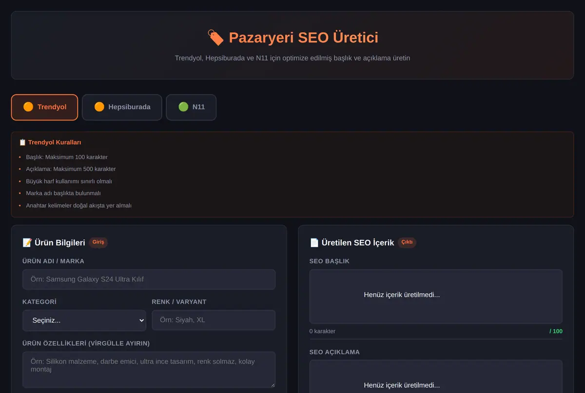 Pazaryeri SEO Başlık & Açıklama Üretici Aracı ekran görüntüsü 2