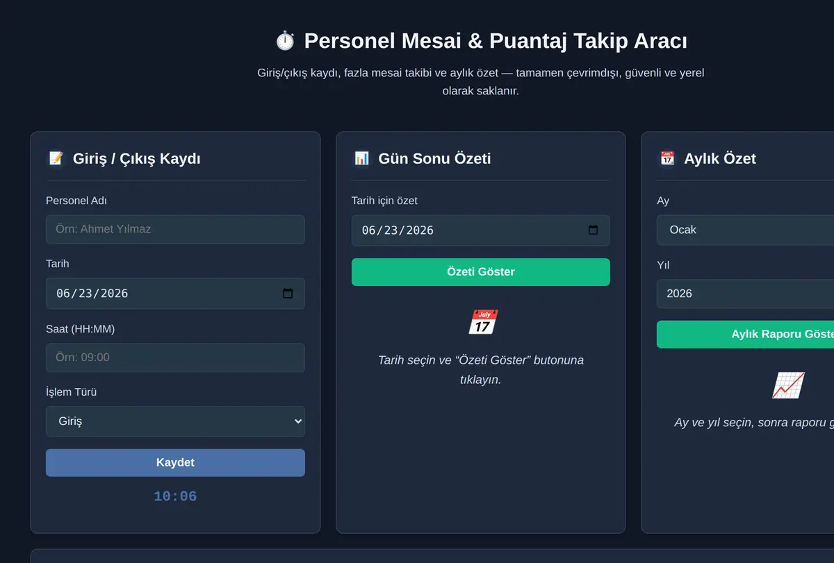 Personel Mesai & Puantaj Takip Aracı ekran görüntüsü