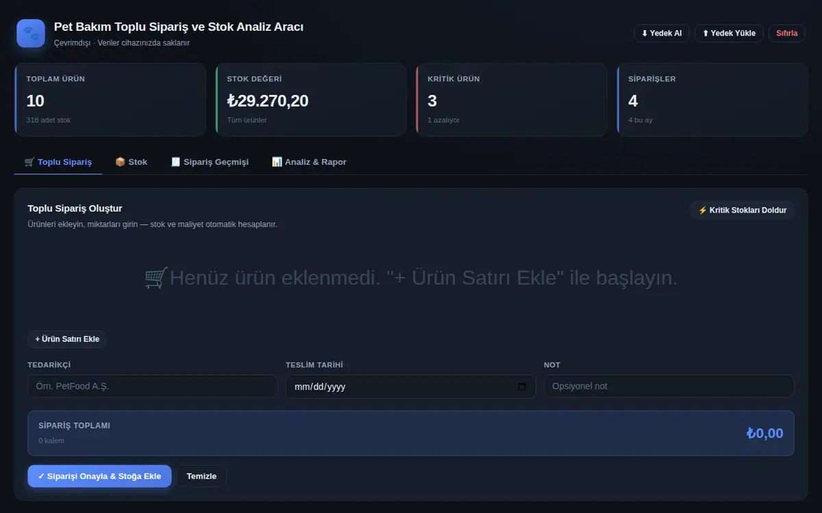 Pet Bakım Toplu Sipariş ve Stok Analiz Aracı ekran görüntüsü