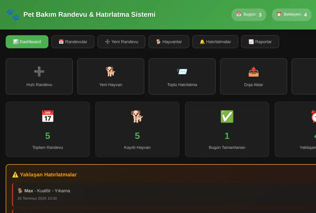 Pet Bakım Randevu & Hatırlatma Sistemi ekran görüntüsü