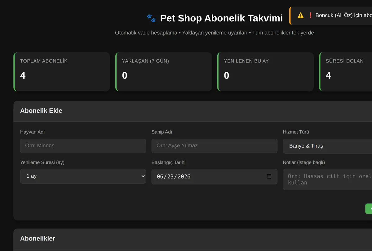 Pet Shop Abonelik Takvimi ekran görüntüsü