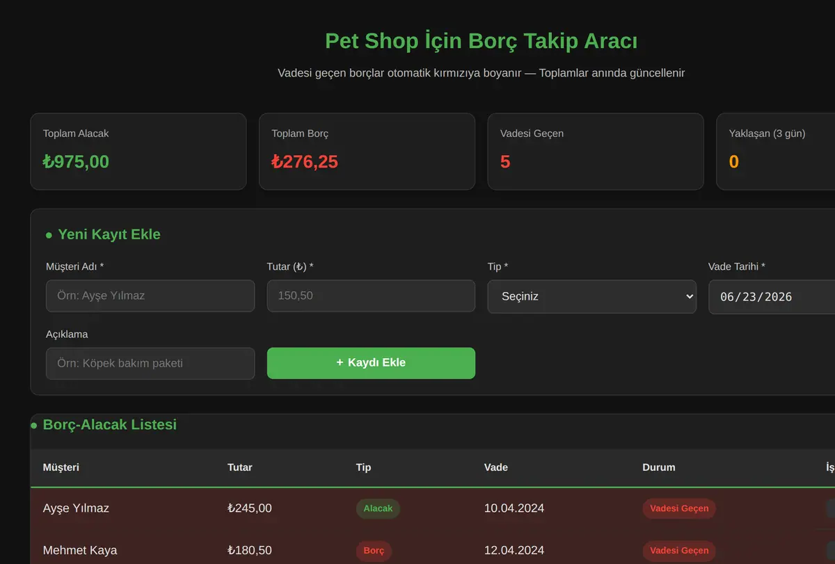 Pet Shop İçin Borç Takip Aracı ekran görüntüsü