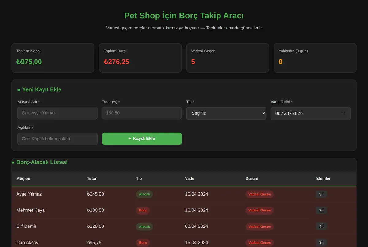 Pet Shop İçin Borç Takip Aracı ekran görüntüsü 2