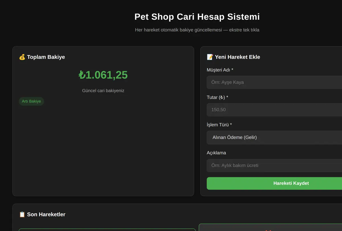 Pet Shop Cari Hesap Sistemi ekran görüntüsü