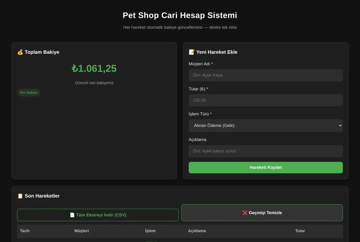 Pet Shop Cari Hesap Sistemi ekran görüntüsü 2
