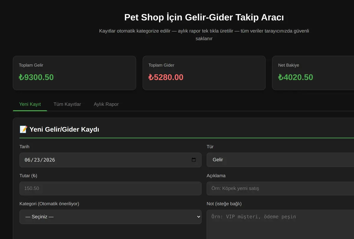 Pet Shop İçin Gelir-Gider Takip Aracı ekran görüntüsü