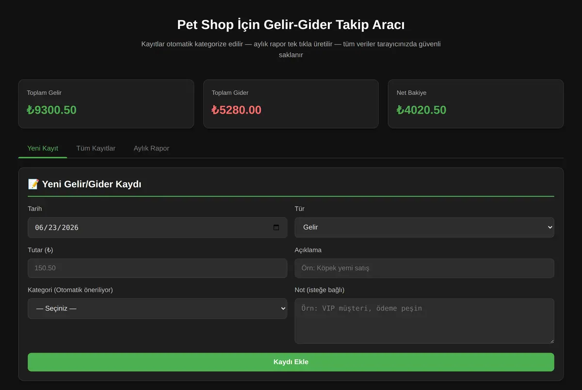 Pet Shop İçin Gelir-Gider Takip Aracı ekran görüntüsü 2