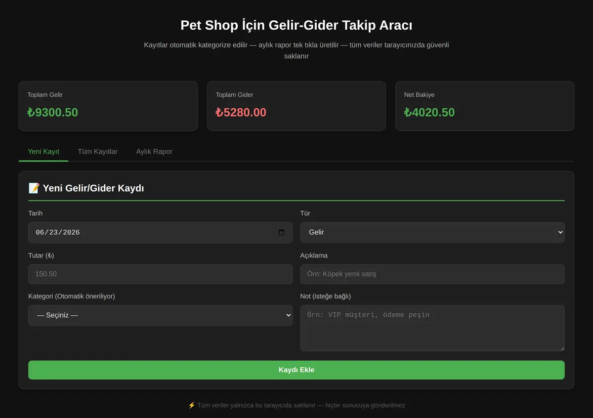 Pet Shop İçin Gelir-Gider Takip Aracı ekran görüntüsü 3