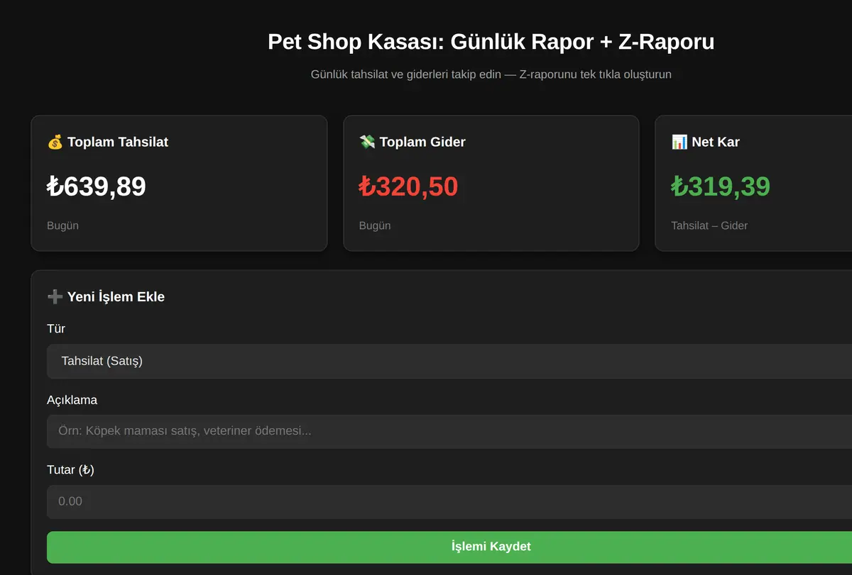 Pet Shop Kasası: Günlük Rapor + Z-Raporu ekran görüntüsü