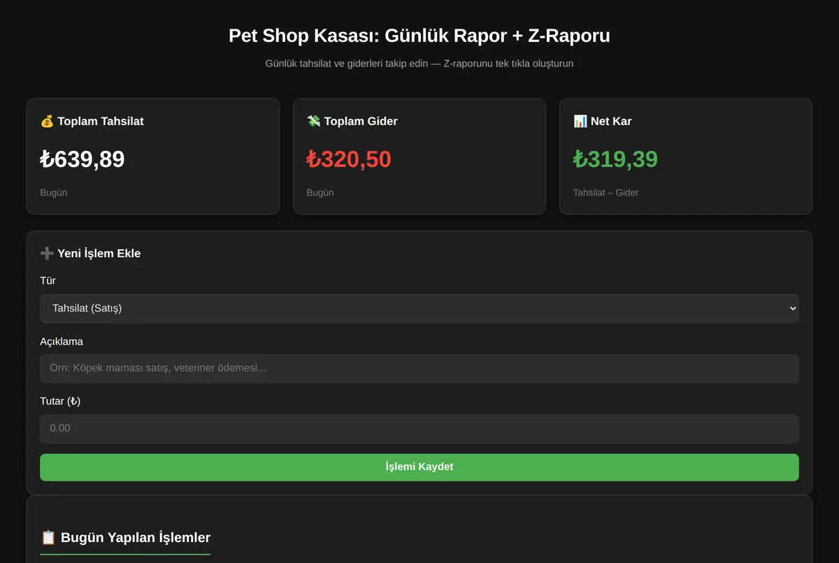 Pet Shop Kasası: Günlük Rapor + Z-Raporu ekran görüntüsü 2