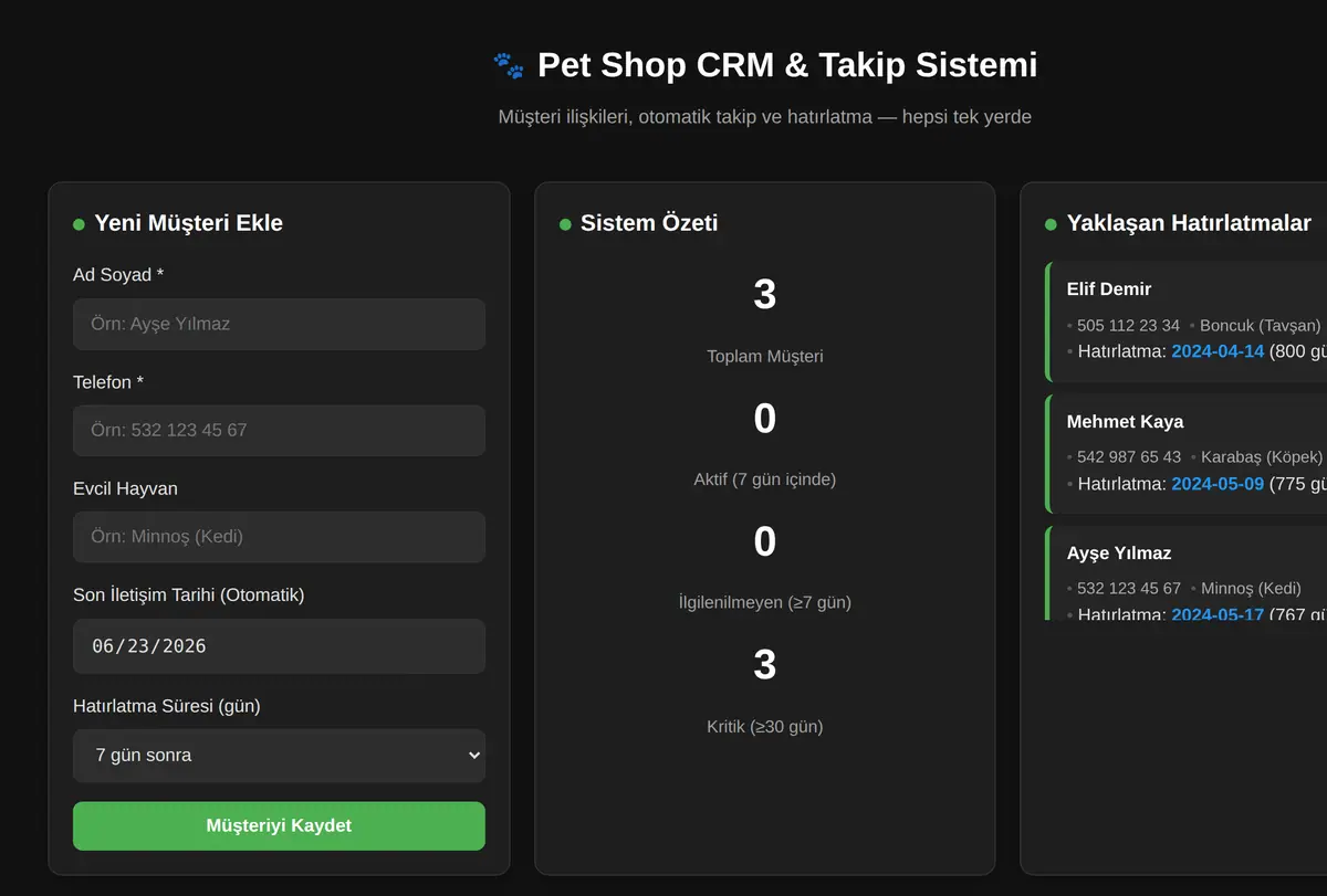 CRM + Takip Sistemi Pro ekran görüntüsü
