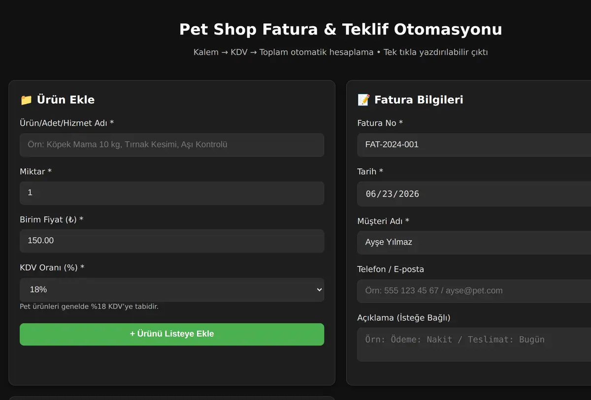 Pet Shop Fatura & Teklif Otomasyonu ekran görüntüsü