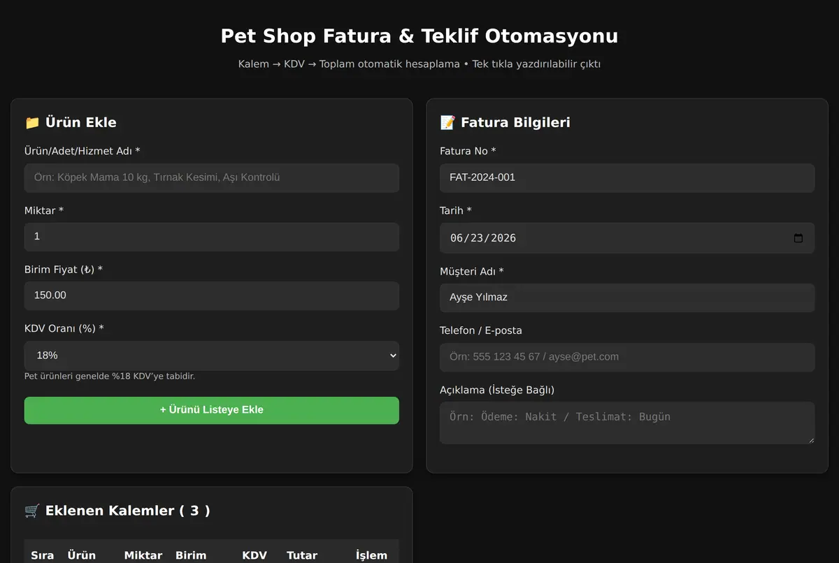 Pet Shop Fatura & Teklif Otomasyonu ekran görüntüsü 2