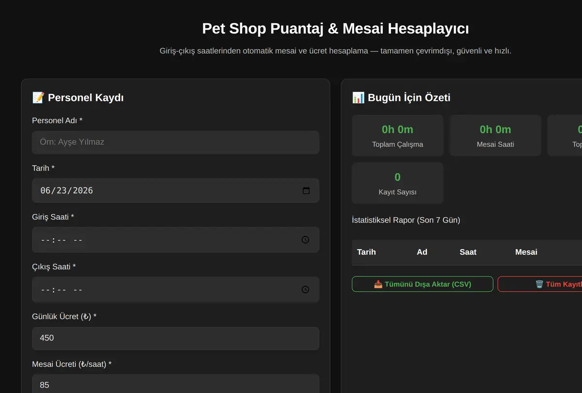 Pet Shop Puantaj & Mesai Hesaplayıcı ekran görüntüsü