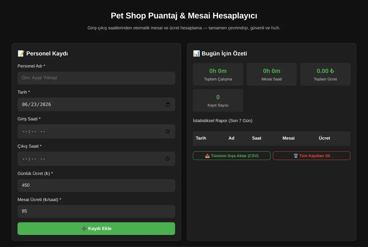 Pet Shop Puantaj & Mesai Hesaplayıcı ekran görüntüsü 2