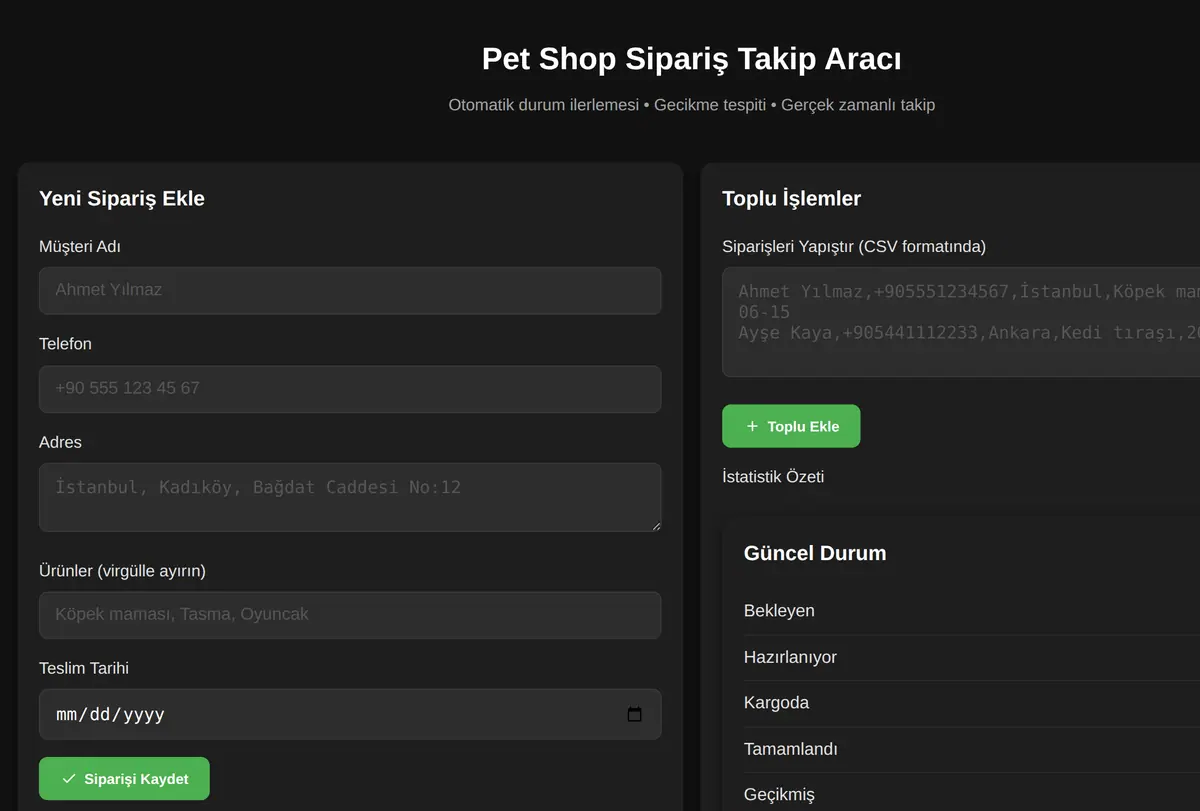 Pet Shop Sipariş Takip Aracı ekran görüntüsü