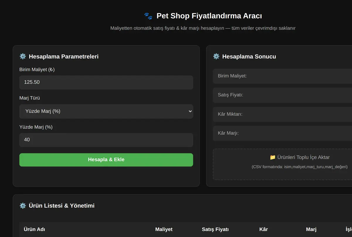 Pet Shop Fiyatlandırma Aracı ekran görüntüsü